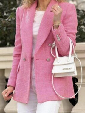 Zara Woman Barbie Pink Double Breasted Tweed Blazer Jacket S